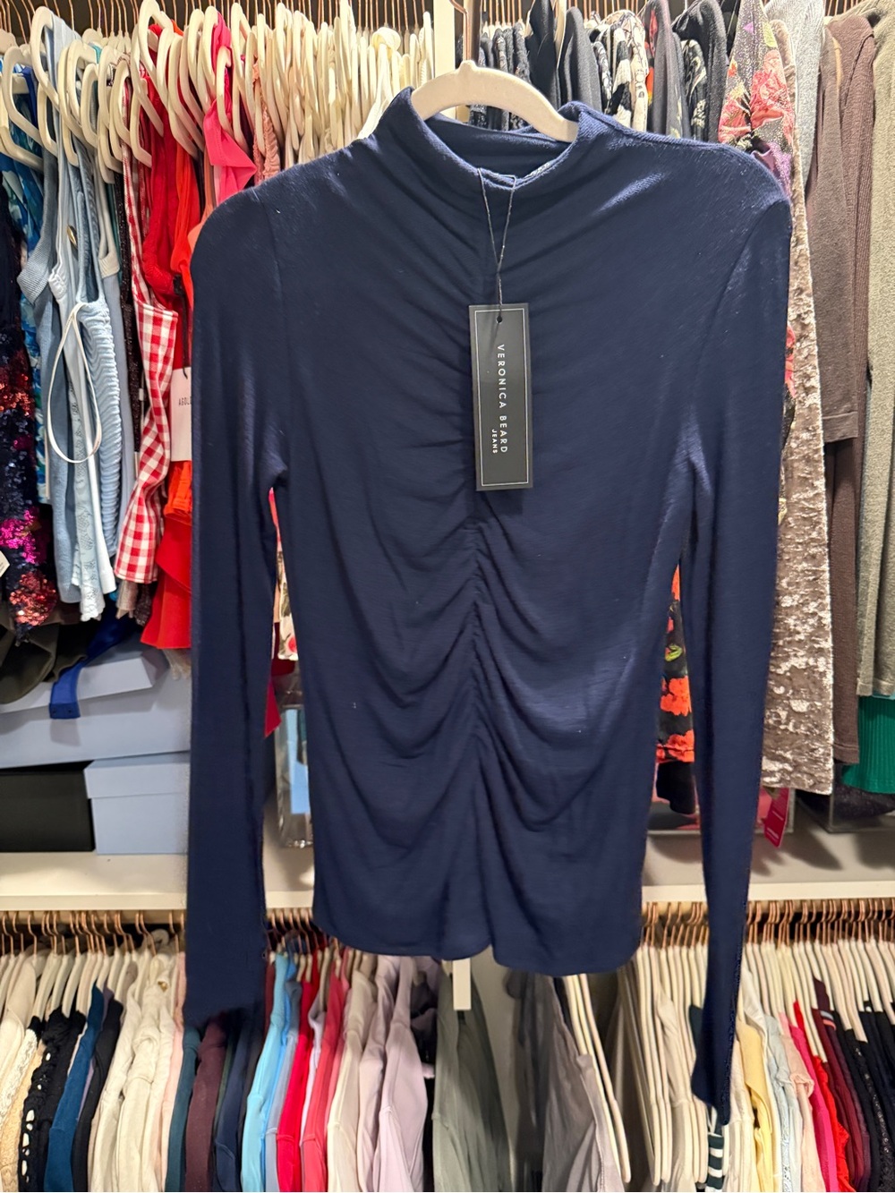 Veronica Beard Navy Ruched Mock-Neck Long Sleeve Top